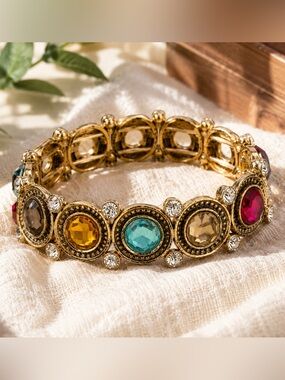 3/$25 ✨ Antique Gold Tone Multicolor Rhinestone Stretch Bracelet